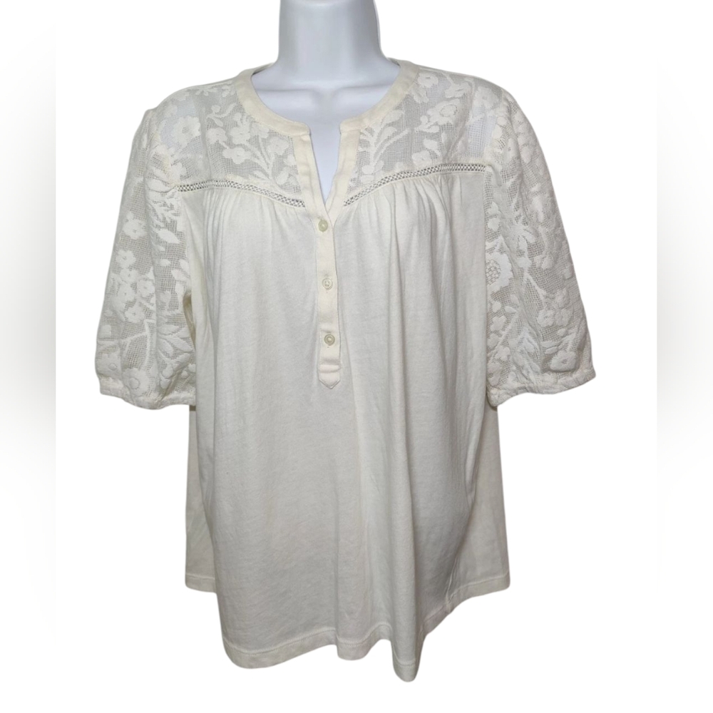 Loft Ivory Crochet Half Sleeve Peasant Pullover Knit Top M